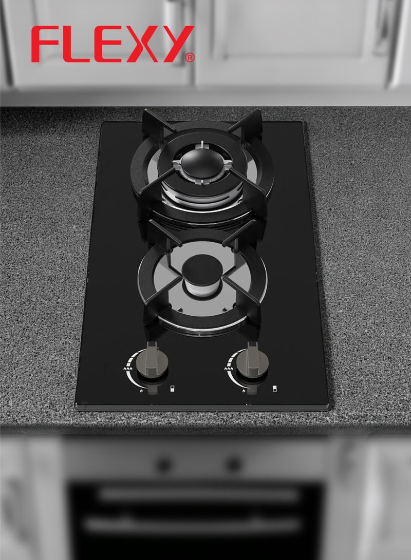 فليكسي موقد غاز زجاجي مدمج، شعلتان بزجاج 8 مم، شعلات من الحديد الزهر، حرارة عالية، استهلاك منخفض للغاز، إشعال تلقائي، سهولة التنظيف، ضمان لمدة عامين - Image 2